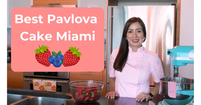 Waleska from CakeMiami standing in the kitchen with fresh strawberries, promoting the best homemade Pavlova cake in Miami with easy online ordering and delivery.