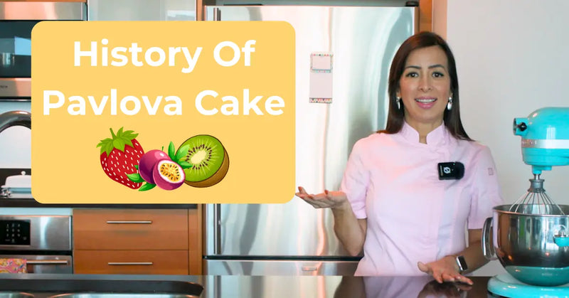 Waleska from CakeMiami introducing the history of pavlova cake inspired by ballerina Anna Pavlova, with strawberries, kiwi, and passion fruit