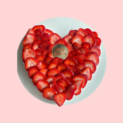 Heart pavlova cake made with strawberries and a Happy Birthday tag, perfect for romantic celebrations, birthdays, or special events