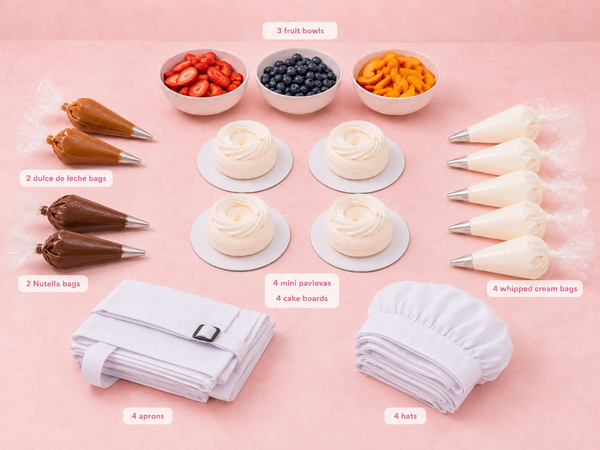 Serves 4 kids mini pavlova decorating kit with four 5-inch shells, fruit, cream, aprons, and chef hats