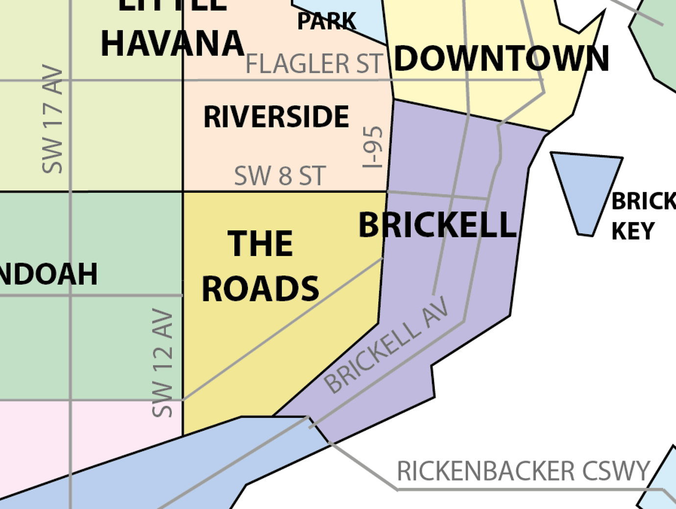 Neighborhood map of Brickell and The Roads in Miami, with Downtown, Brickell Avenue, and Brickell Key